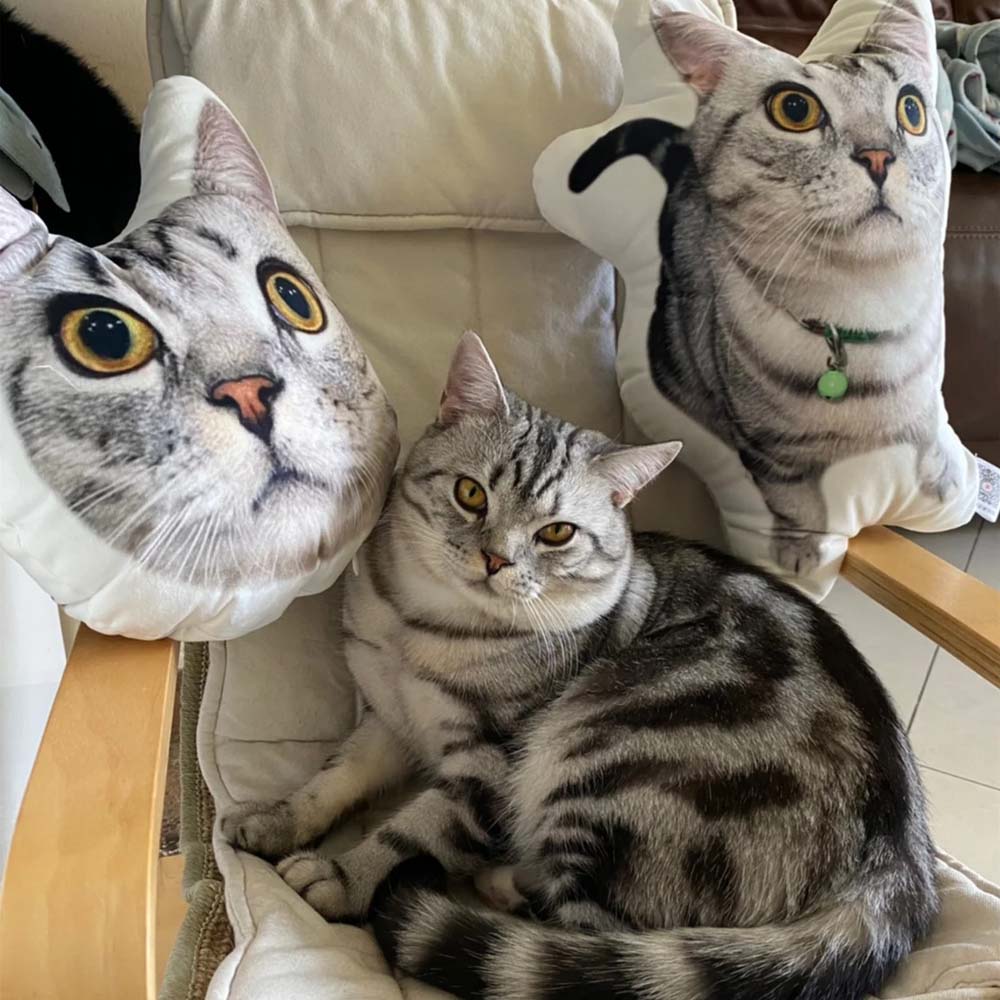 Silver tabby cat sitting between two custom cat-shaped pillows