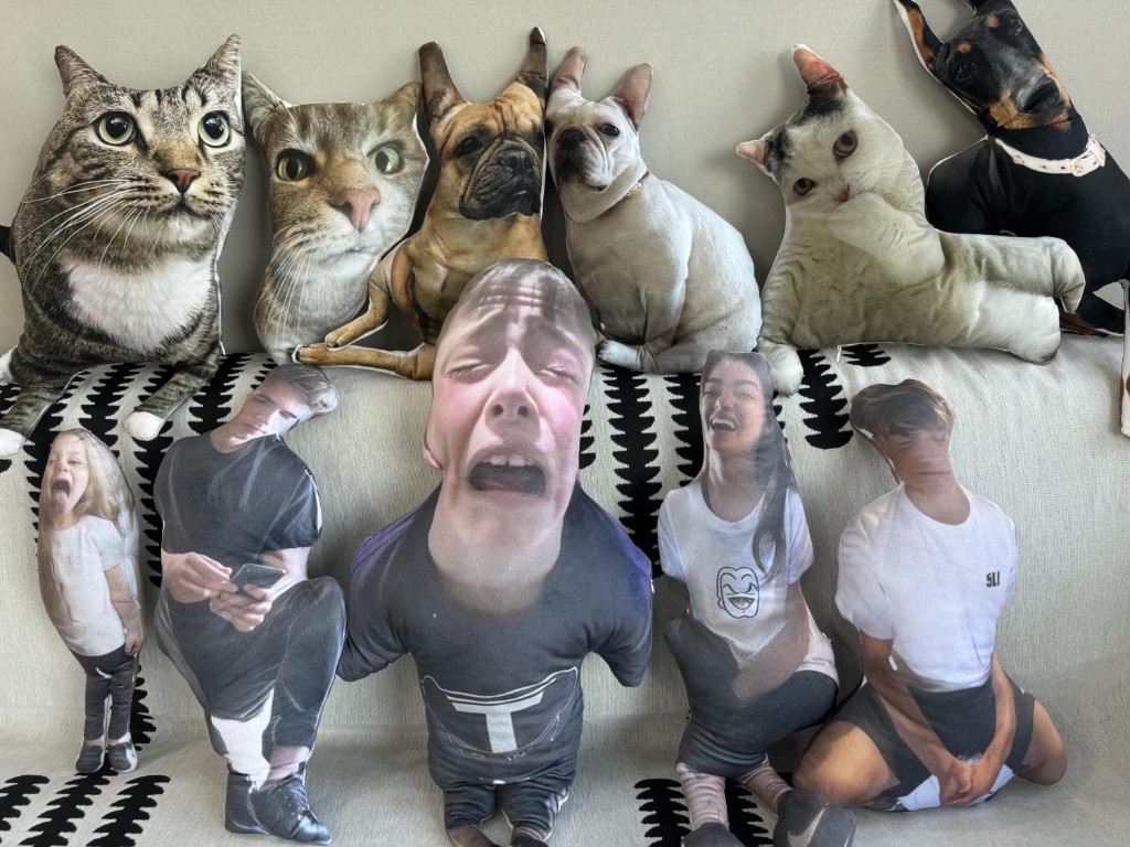 Collection of custom-shaped photo pillows lined up on a couch
